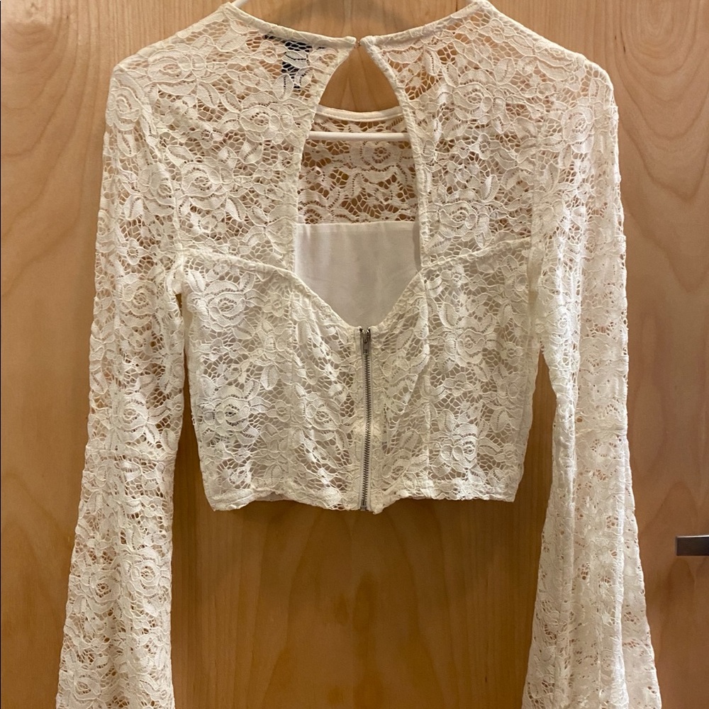White Lace Stretch Crop Top F21 Blouse Shirt Small White Party Wedding Women